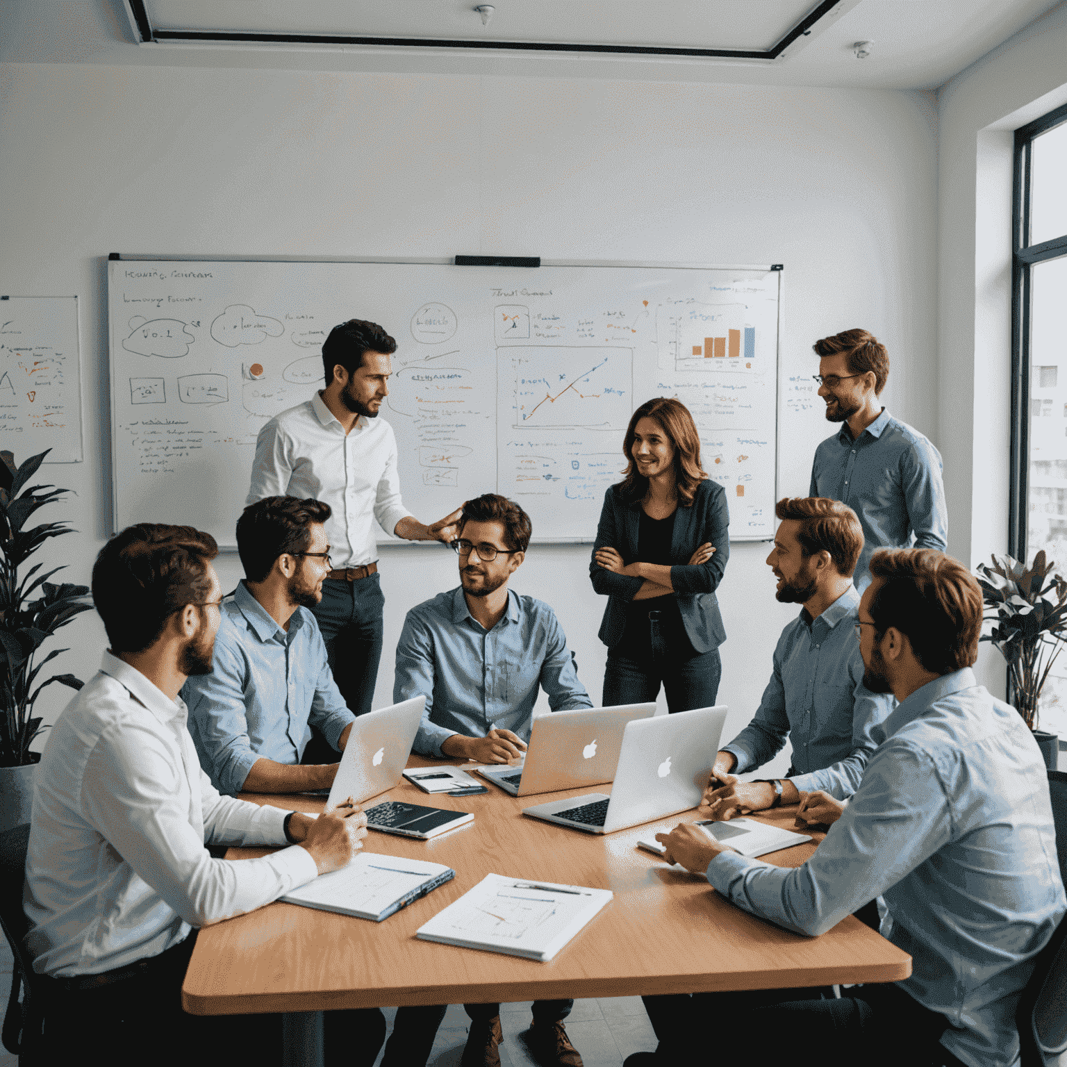 Equipo de mentores de facyvay_pro reunidos en una oficina moderna en México, discutiendo estrategias de enseñanza frente a una pizarra llena de diagramas de diseño web