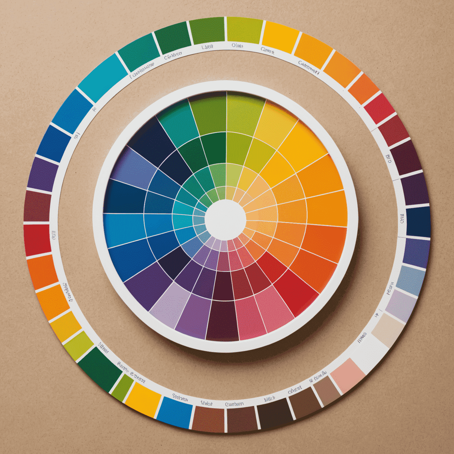 Imagen que muestra una rueda de color y muestras de paletas de colores, ilustrando la teoría del color en el diseño web.